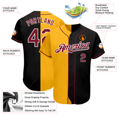 Custom Black Crimson-Yellow Authentic Split Fashion Baseball Jersey