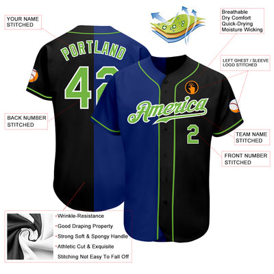 Custom Black Neon Green-Royal Authentic Split Fashion Baseball Jersey