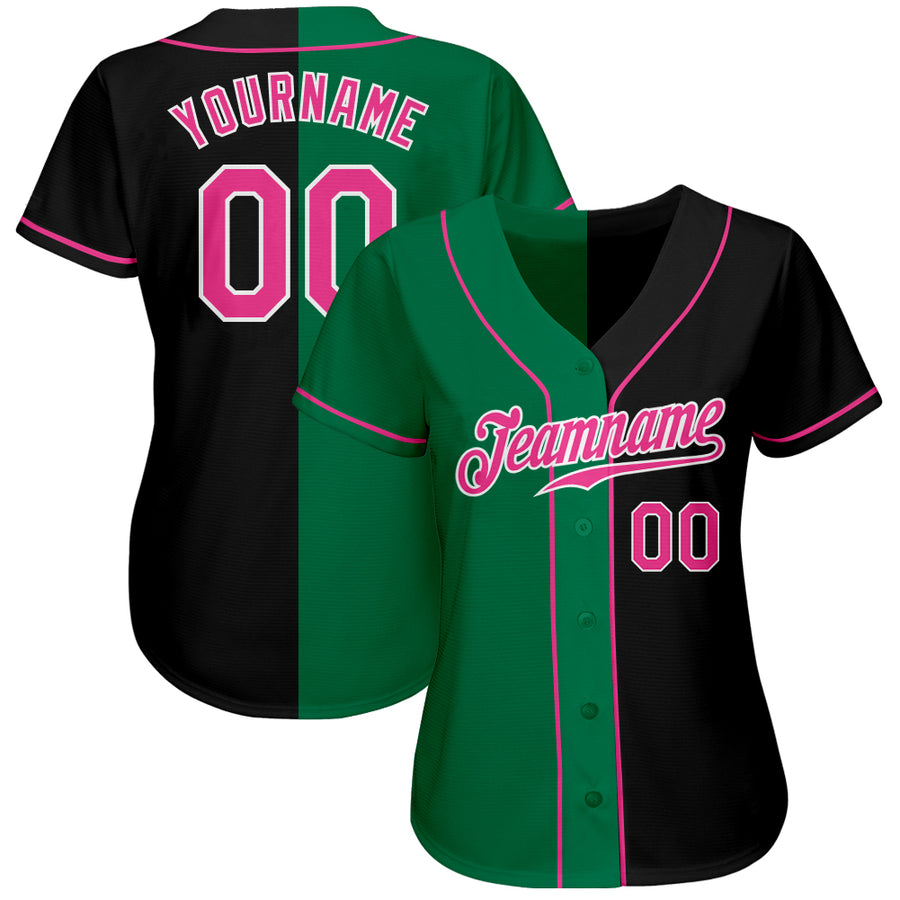 Custom Black Pink-Kelly Green Authentic Split Fashion Baseball Jersey