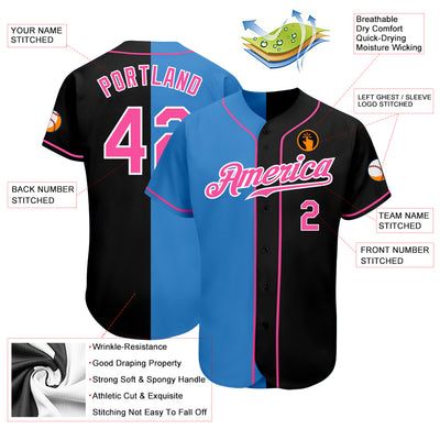 Custom Black Pink-Powder Blue Authentic Split Fashion Baseball Jersey