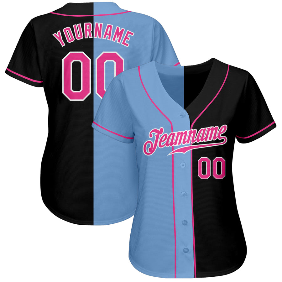 Custom Black Pink-Light Blue Authentic Split Fashion Baseball Jersey