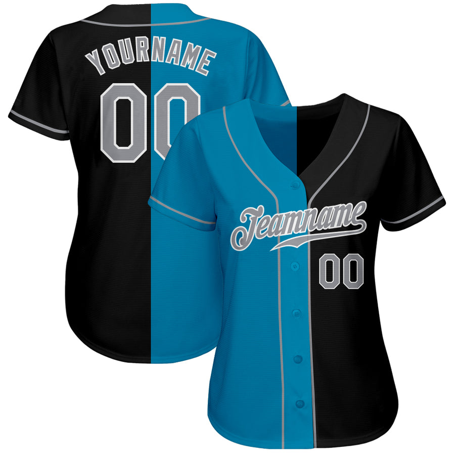 Custom Black Gray-Panther Blue Authentic Split Fashion Baseball Jersey