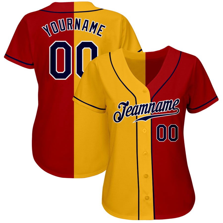 Custom Red Navy-Yellow Authentic Split Fashion Baseball Jersey