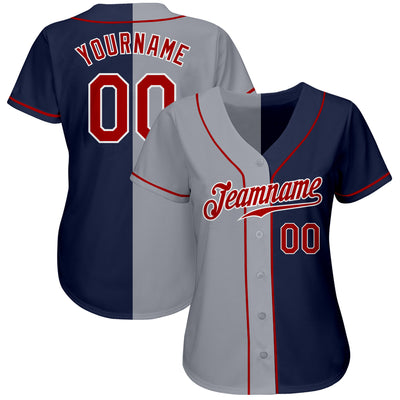 Custom Navy Red-Gray Authentic Split Fashion Baseball Jersey