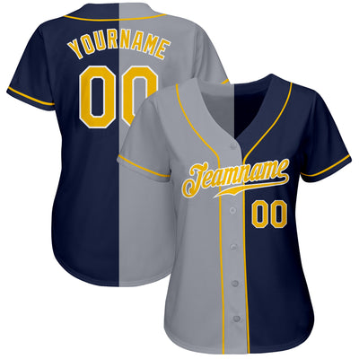 Custom Navy Gold-Gray Authentic Split Fashion Baseball Jersey