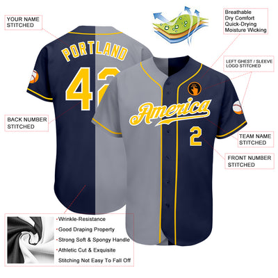 Custom Navy Gold-Gray Authentic Split Fashion Baseball Jersey