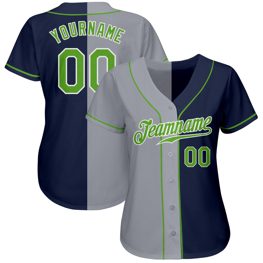 Custom Gray Baseball Jersey Neon Green-Navy Authentic - FansIdea