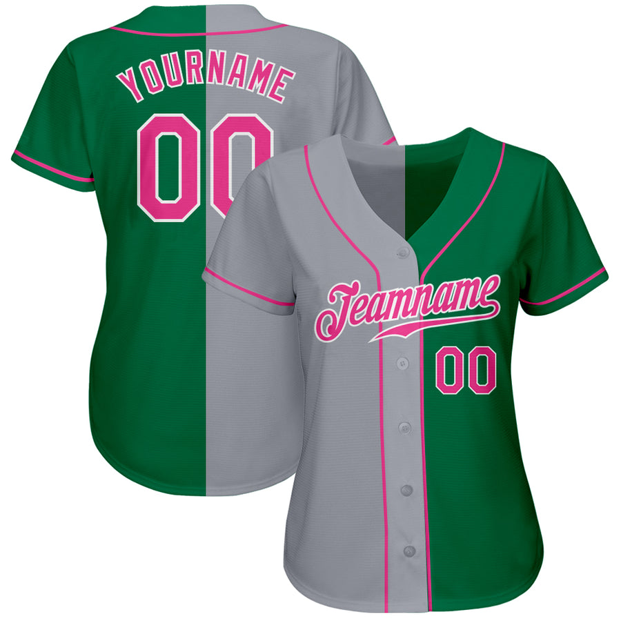 Custom Kelly Green Pink-Gray Authentic Split Fashion Baseball Jersey