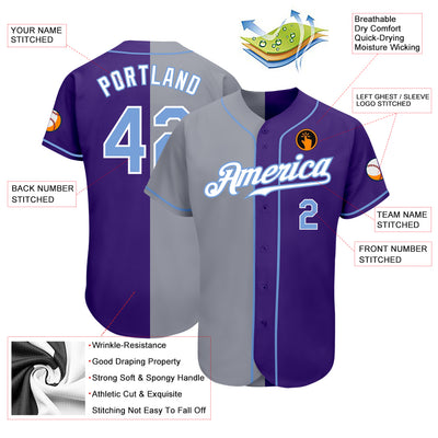 Custom Purple Light Blue-Gray Authentic Split Fashion Baseball Jersey