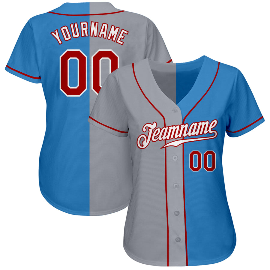 Custom Powder Blue Red-Gray Authentic Split Fashion Baseball Jersey