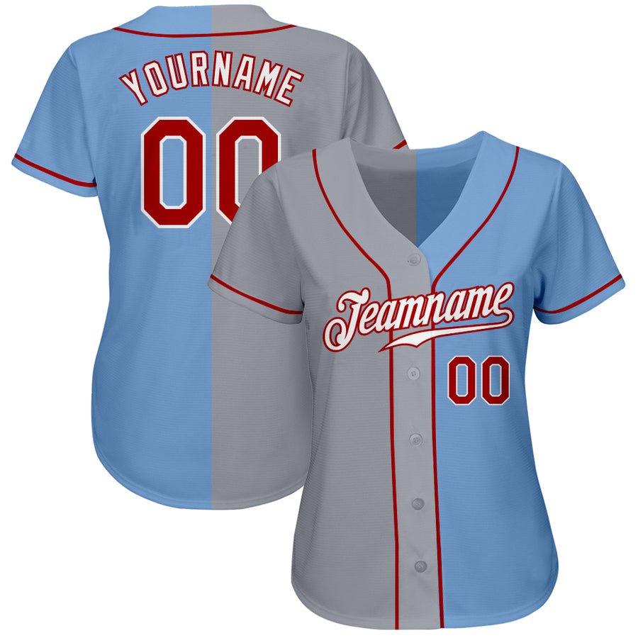 Custom Light Blue Red-Gray Authentic Split Fashion Baseball Jersey