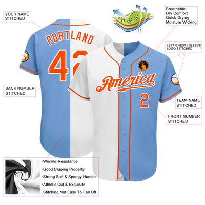 Custom Light Blue Orange-White Authentic Split Fashion Baseball Jersey