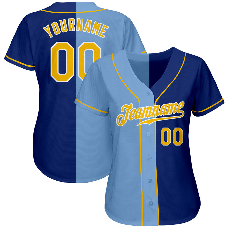 Custom Royal Gold-Light Blue Authentic Split Fashion Baseball Jersey