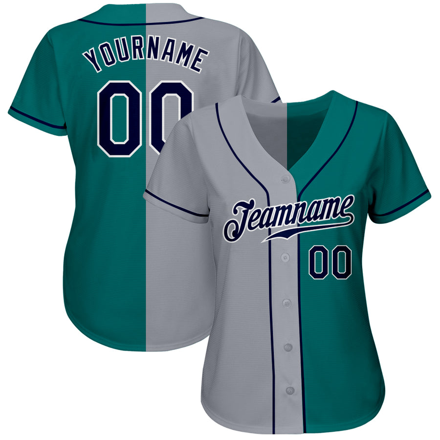 Custom Teal Navy-Gray Authentic Split Fashion Baseball Jersey