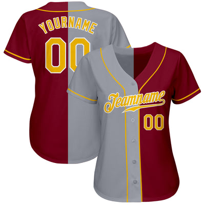 Custom Crimson Gold-Gray Authentic Split Fashion Baseball Jersey