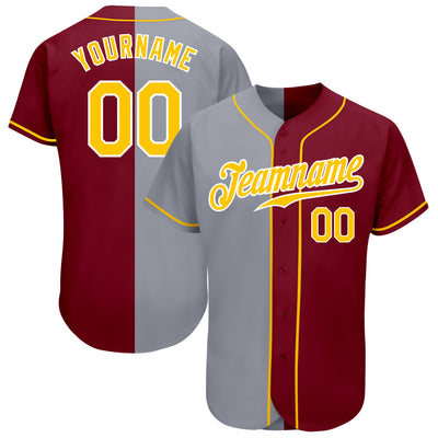 Custom Crimson Gold-Gray Authentic Split Fashion Baseball Jersey