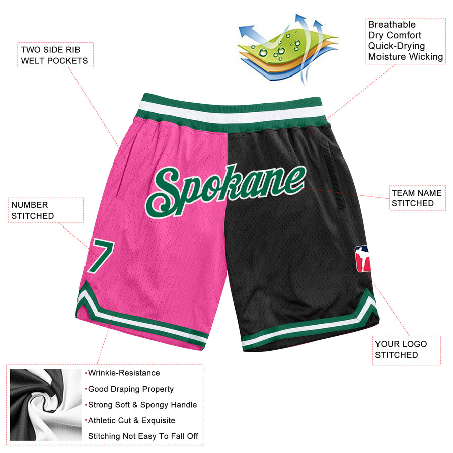 Custom Pink Kelly Green-Black Authentic Throwback Split Fashion Basketball Shorts