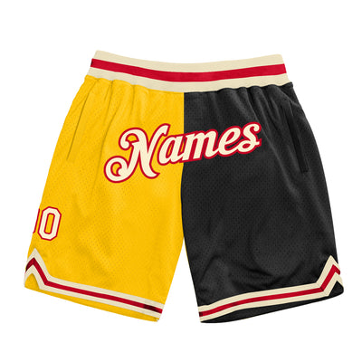 Custom Gold Cream-Black Authentic Throwback Split Fashion Basketball Shorts