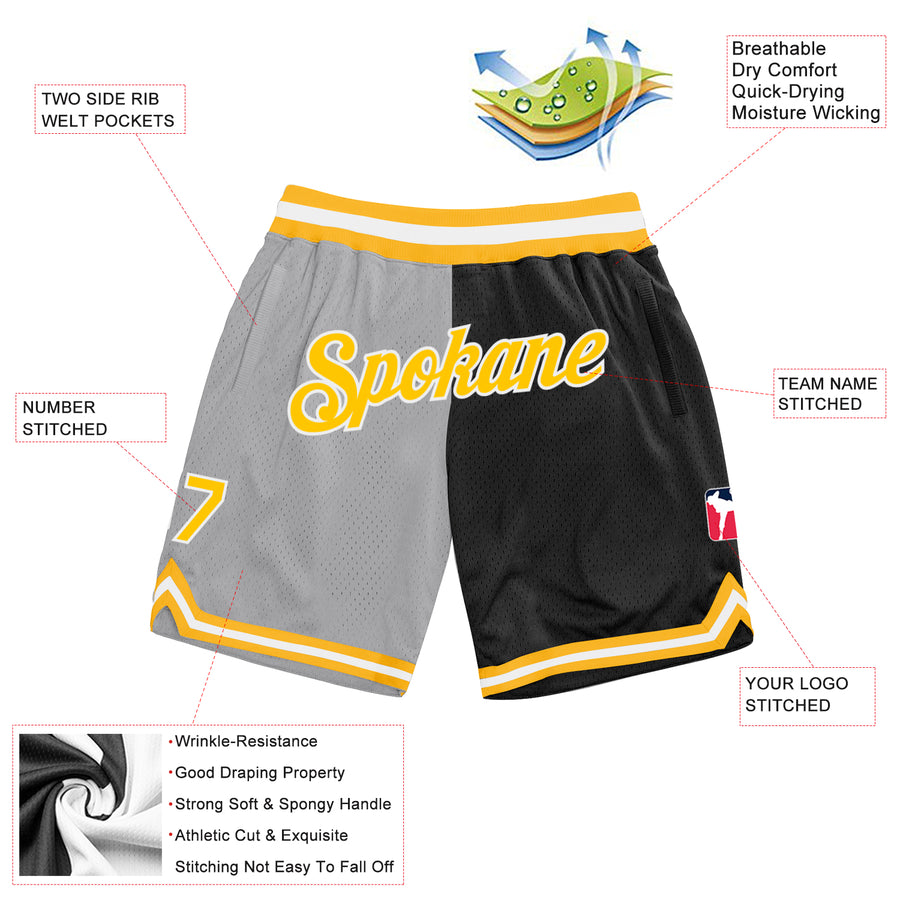 Custom Gray Gold-Black Authentic Throwback Split Fashion Basketball Shorts