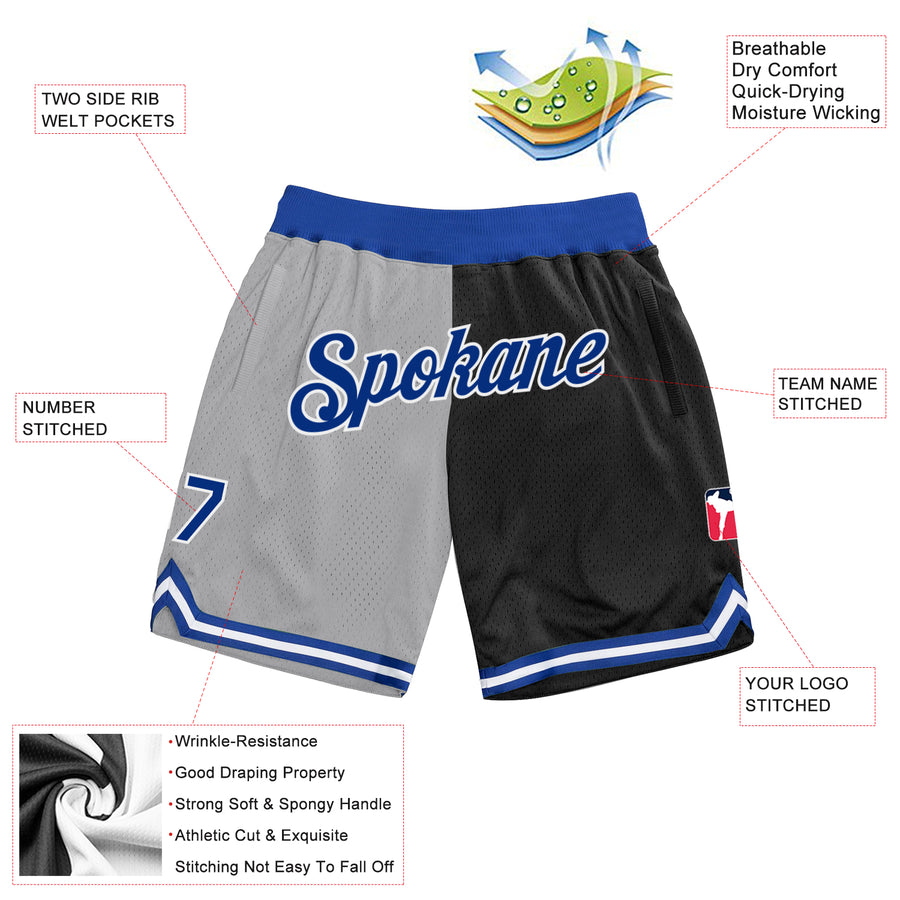 Custom Gray Royal-Black Authentic Throwback Split Fashion Basketball Shorts