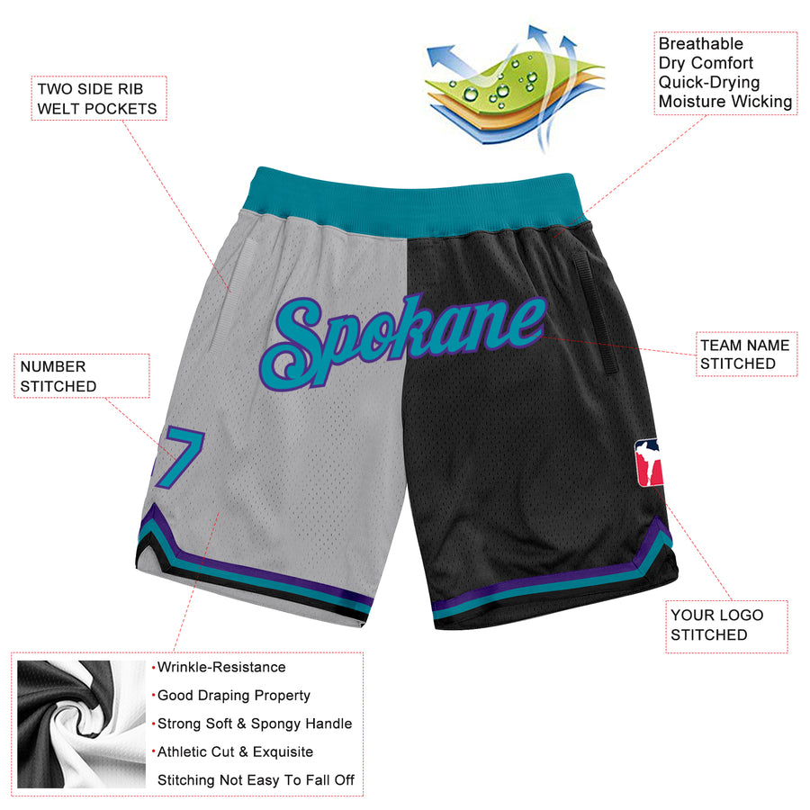 Custom Gray Teal-Black Authentic Throwback Split Fashion Basketball Shorts