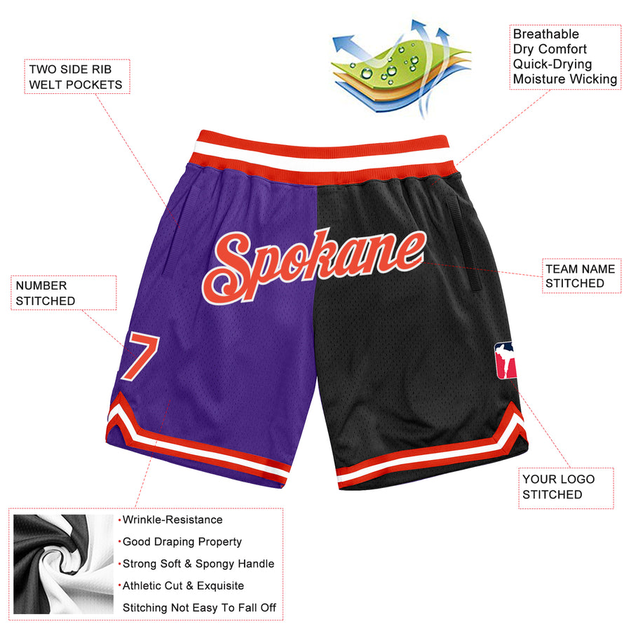 Custom Purple Orange-Black Authentic Throwback Split Fashion Basketball Shorts