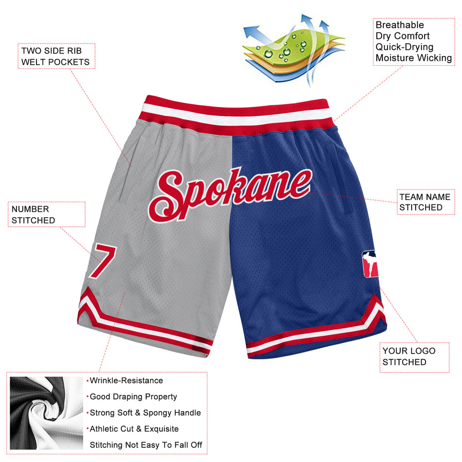 Custom Gray Red-Royal Authentic Throwback Split Fashion Basketball Shorts