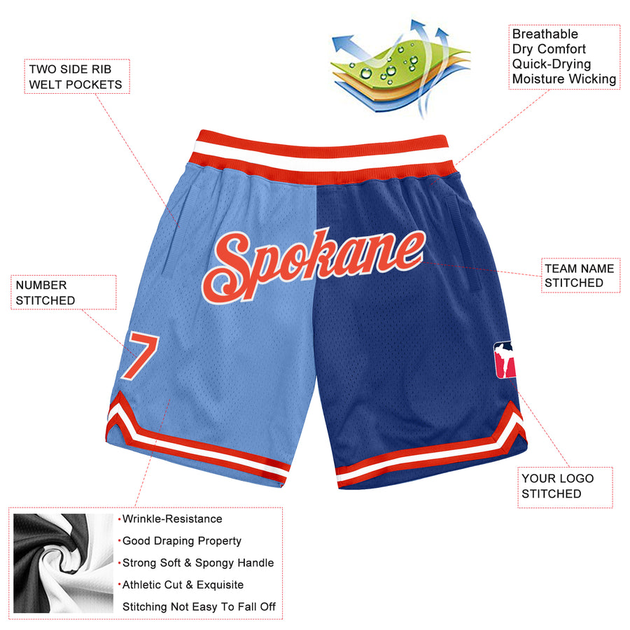 Custom Light Blue Orange-Royal Authentic Throwback Split Fashion Basketball Shorts