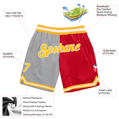 Custom Gray Gold-Red Authentic Throwback Split Fashion Basketball Shorts