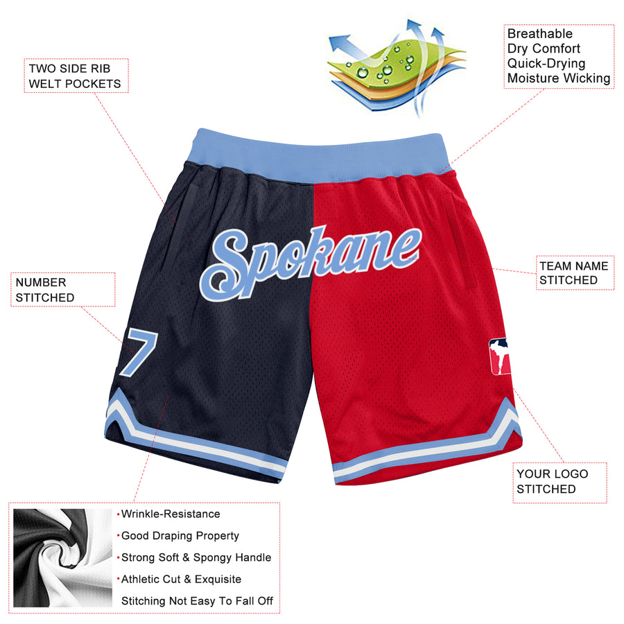 Custom Navy Light Blue-Red Authentic Throwback Split Fashion Basketball Shorts