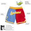 Custom Light Blue Gold-Red Authentic Throwback Split Fashion Basketball Shorts