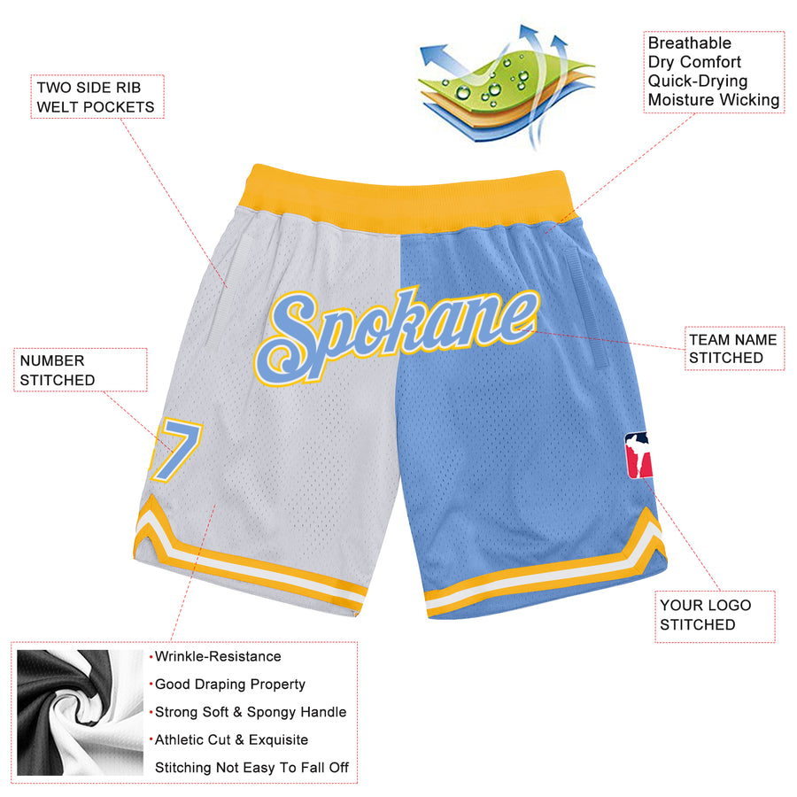 Custom White Light Blue-Gold Authentic Throwback Split Fashion Basketball Shorts