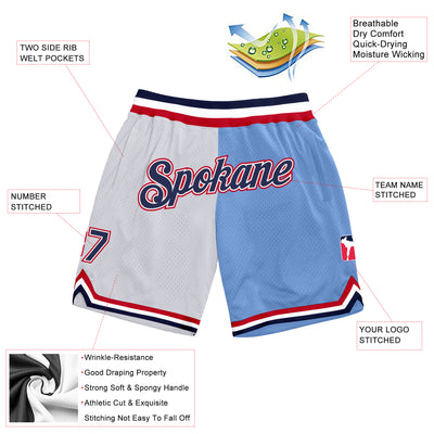 Custom White Navy-Light Blue Authentic Throwback Split Fashion Basketball Shorts