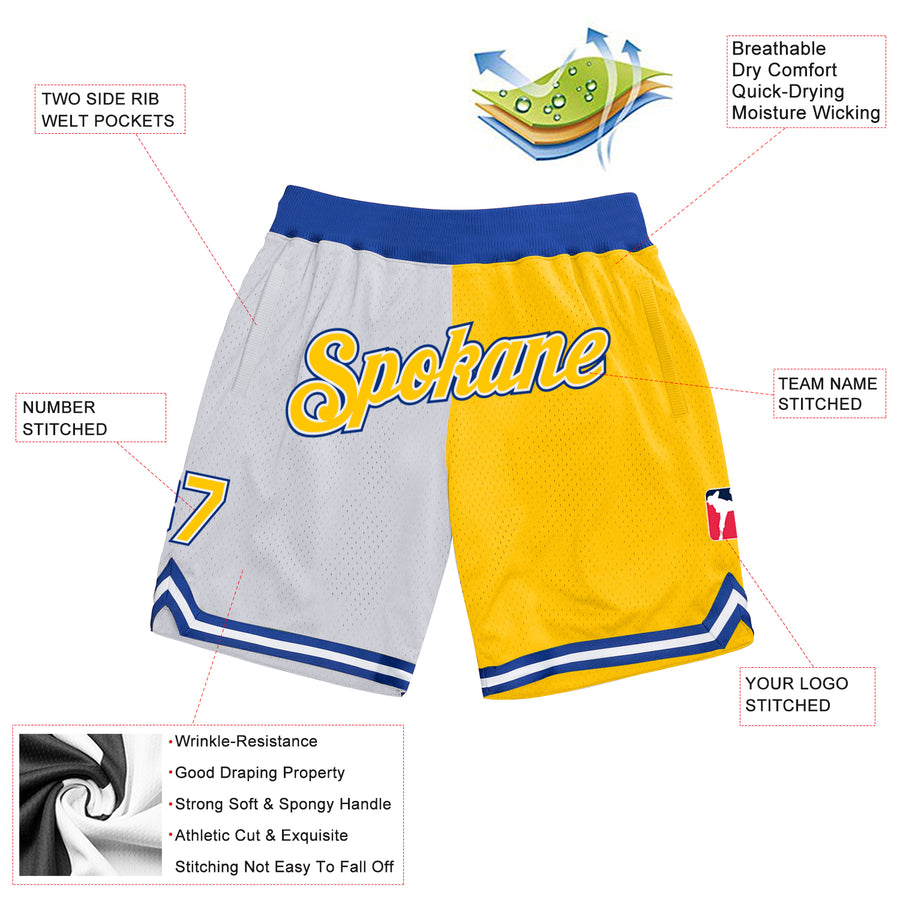 Custom White Gold-Royal Authentic Throwback Split Fashion Basketball Shorts