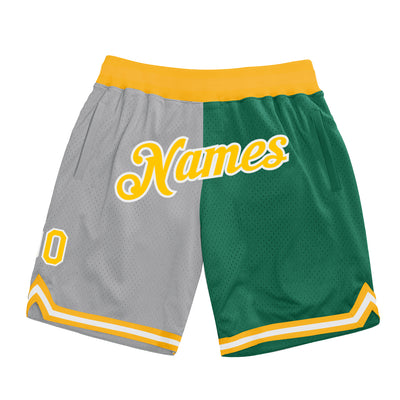 Custom Gray Gold-Kelly Green Authentic Throwback Split Fashion Basketball Shorts