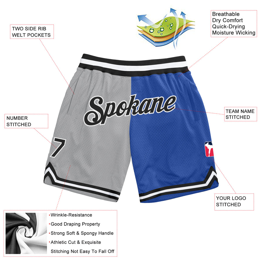 Custom Gray Black-Blue Authentic Throwback Split Fashion Basketball Shorts