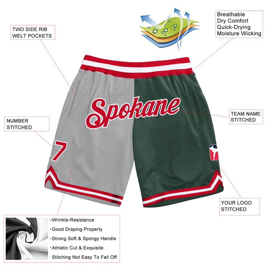 Custom Gray Red-Hunter Green Authentic Throwback Split Fashion Basketball Shorts