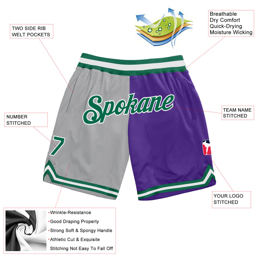 Custom Gray Kelly Green-Purple Authentic Throwback Split Fashion Basketball Shorts