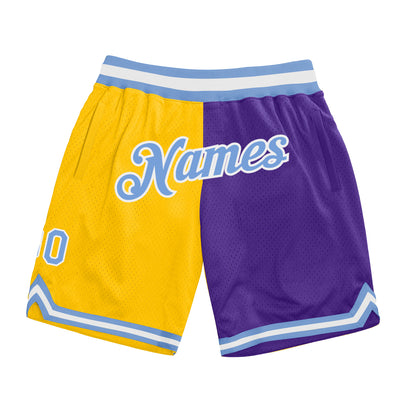 Custom Gold Light Blue-Purple Authentic Throwback Split Fashion Basketball Shorts