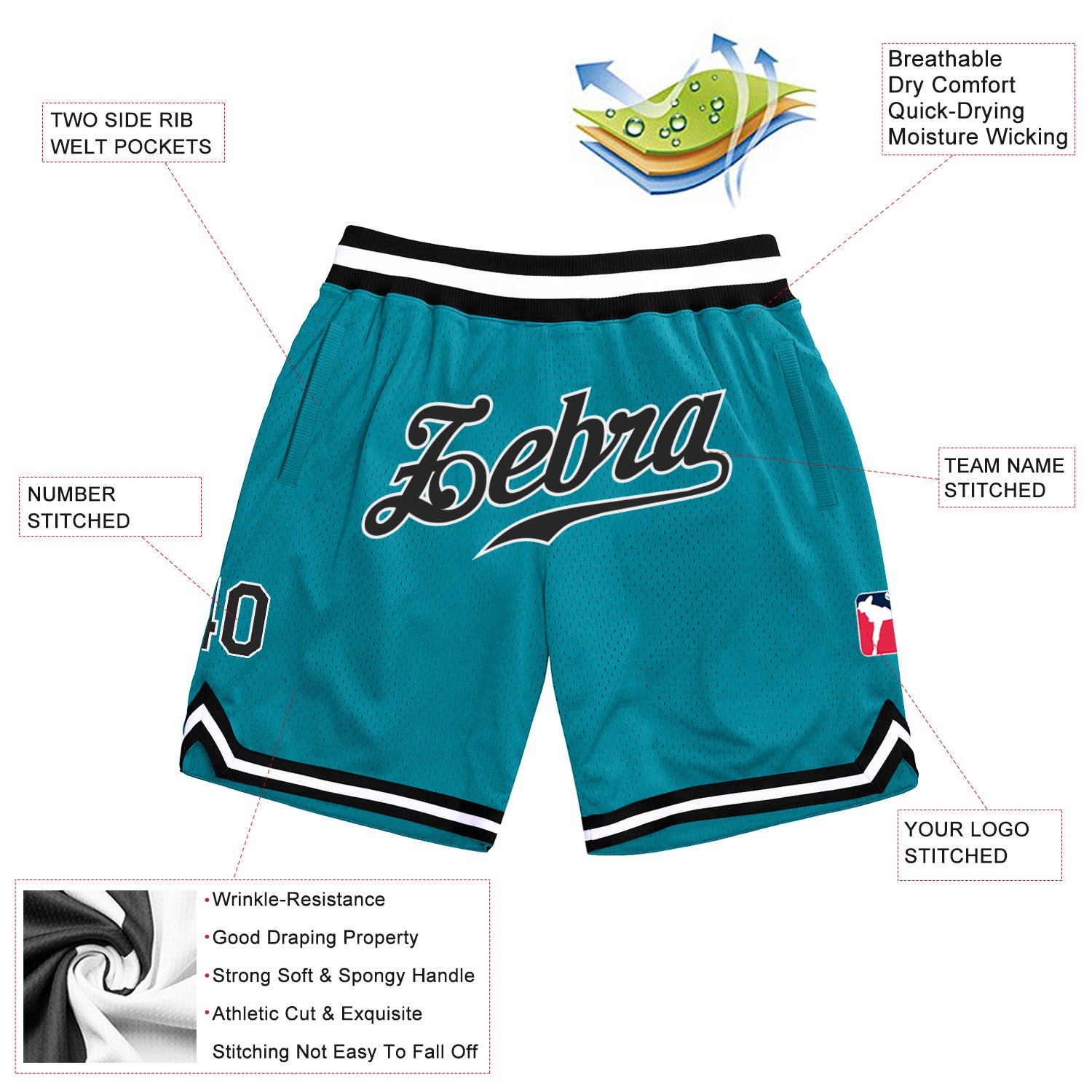 Custom Teal Black-White Authentic Throwback Basketball Shorts