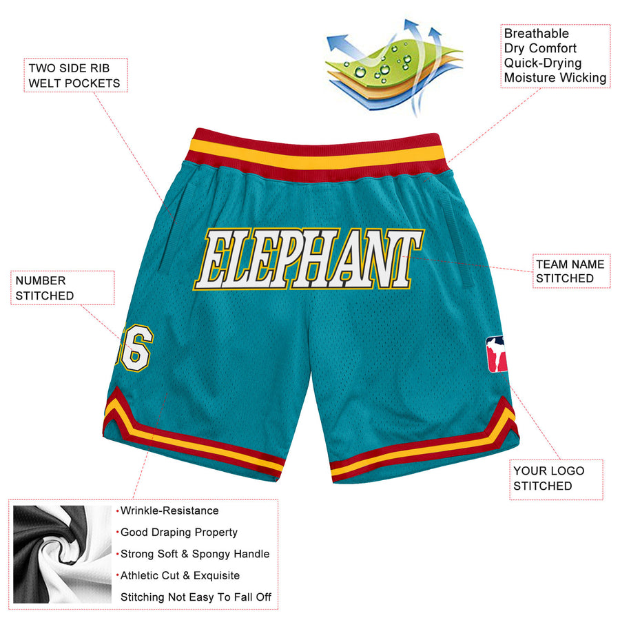 Custom Teal White-Gold Authentic Throwback Basketball Shorts