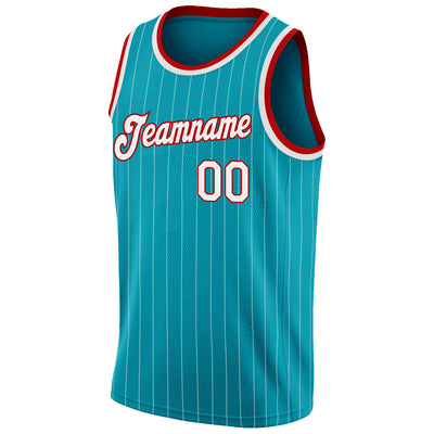 Custom Teal White Pinstripe White-Red Authentic Basketball Jersey