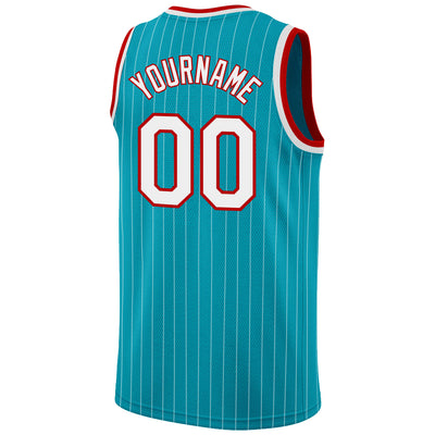 Custom Teal White Pinstripe White-Red Authentic Basketball Jersey