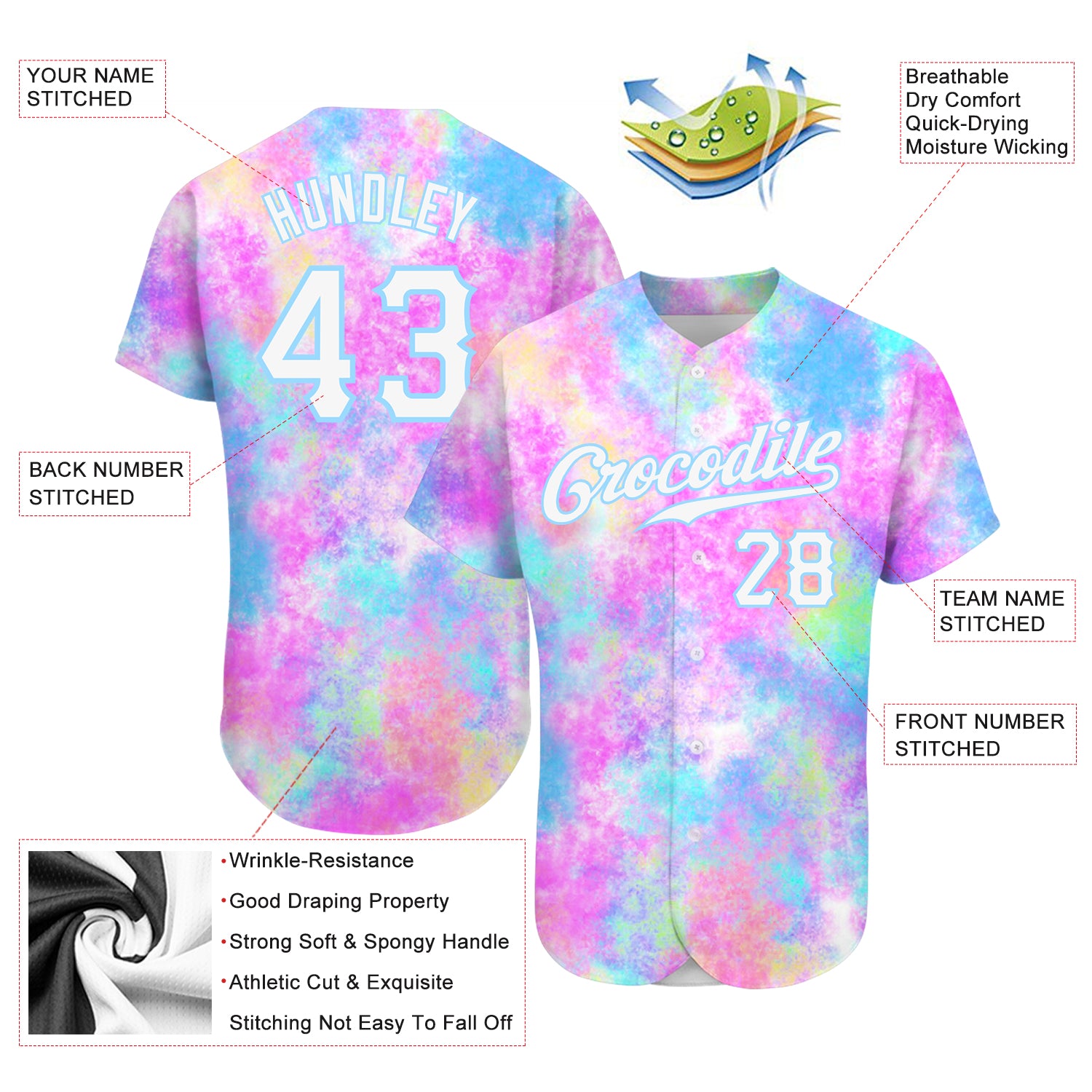 Custom Tie Dye White-Light Blue 3D Watercolor Gradient Authentic Baseball Jersey