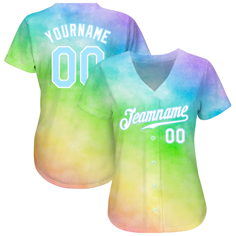 Custom Tie Dye Light Blue-White 3D Rainbow Authentic Baseball Jersey