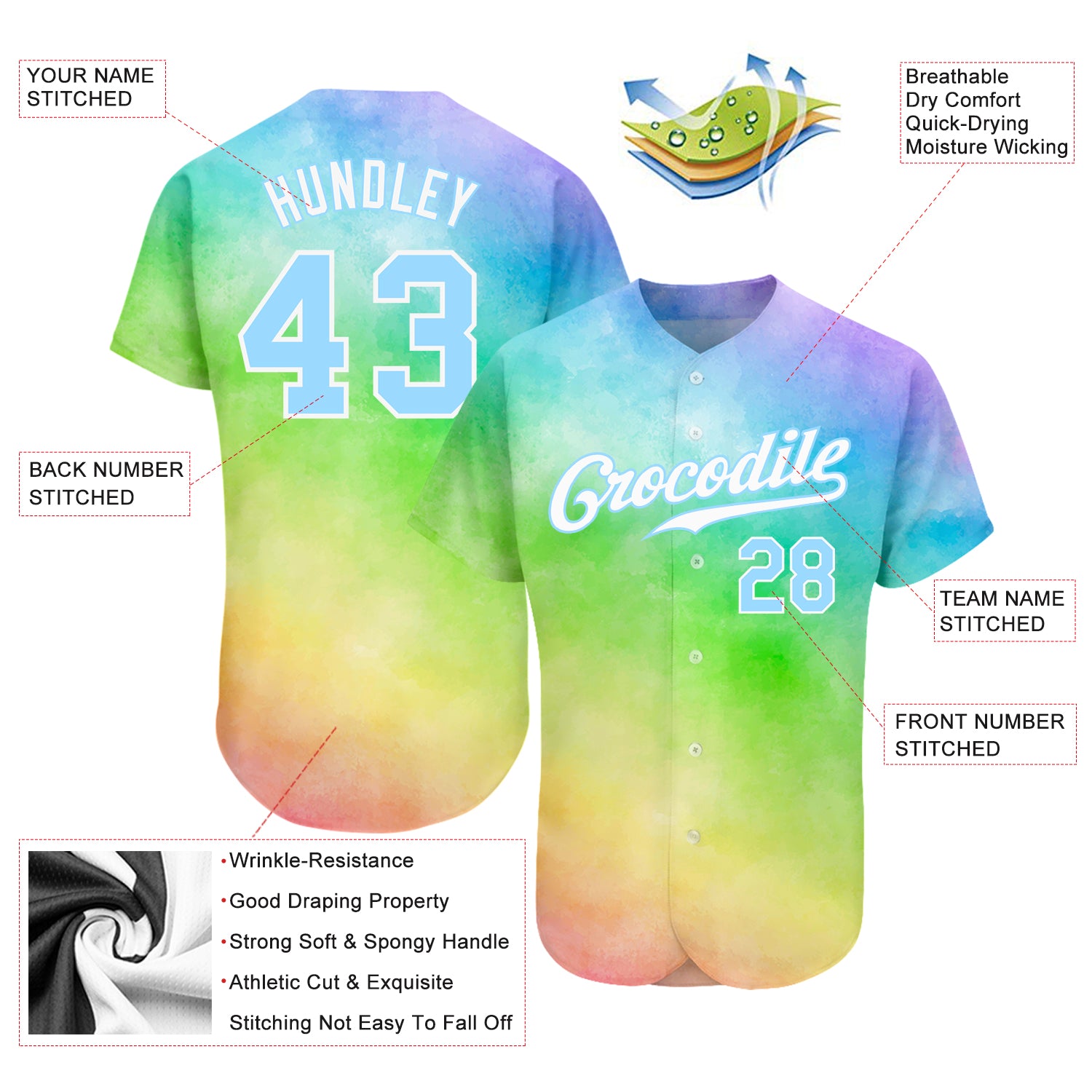 Custom Tie Dye Light Blue-White 3D Rainbow Authentic Baseball Jersey