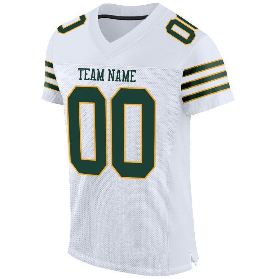 Custom White Green-Gold Mesh Authentic Football Jersey