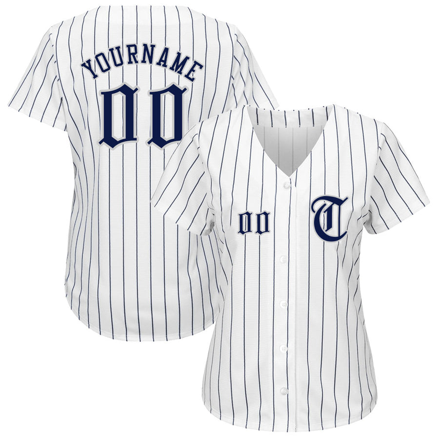 Custom White Navy Pinstripe Navy-Gray Authentic Baseball Jersey