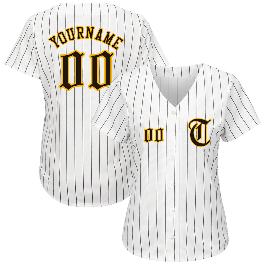 Custom White Brown Pinstripe Brown-Gold Authentic Baseball Jersey