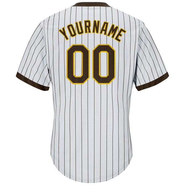 Custom White Brown Pinstripe Brown-Gold Authentic Throwback Rib-Knit Baseball Jersey Shirt Women's Size:XL